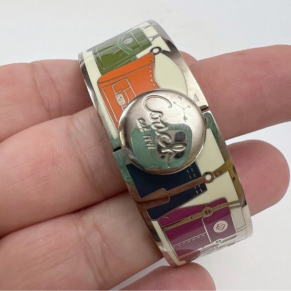COACH Multicolor Enamel Purse Handbag Design Hinged Bracelet Silvertone - Picture 3 of 16